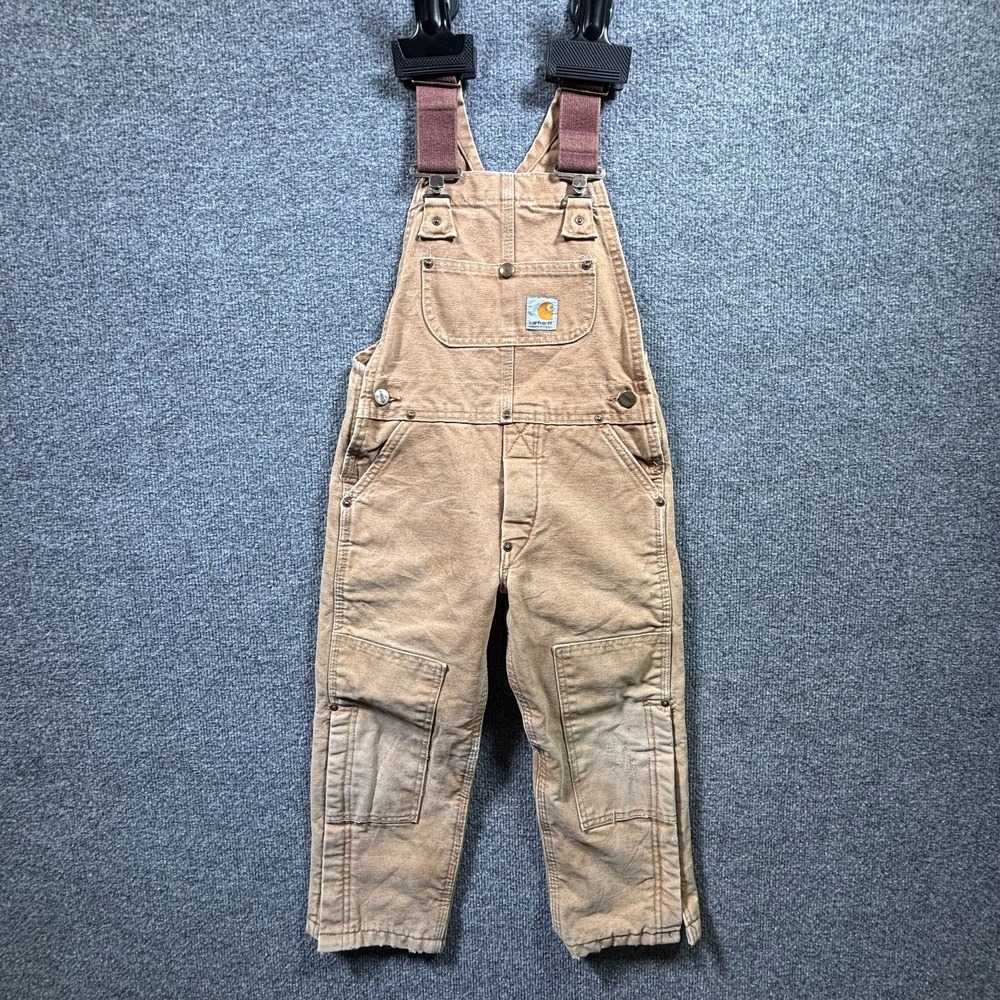 Vintage Carhartt Duck Bib Overalls Kid's 8 Brown Double Knee Outdoor USA Made